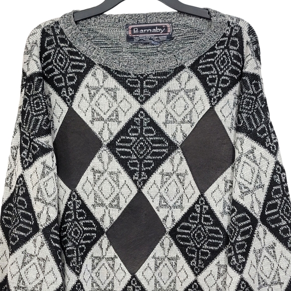 Vintage Argyle Patchwork Black White Long Sleeve Knit Pullover Men's Size Medium - Picture 2 of 8